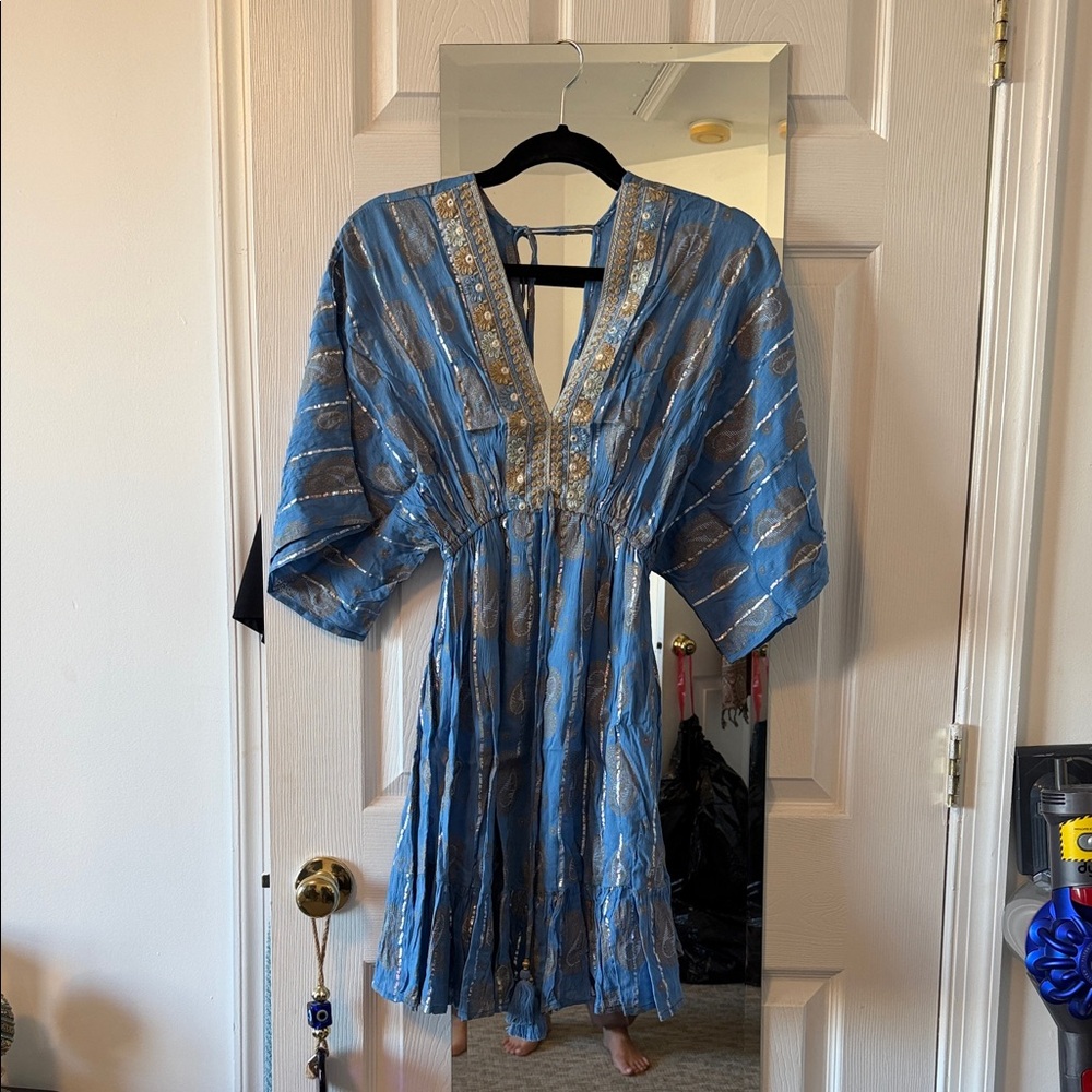 Blue and Gold Patterned Beach Dress